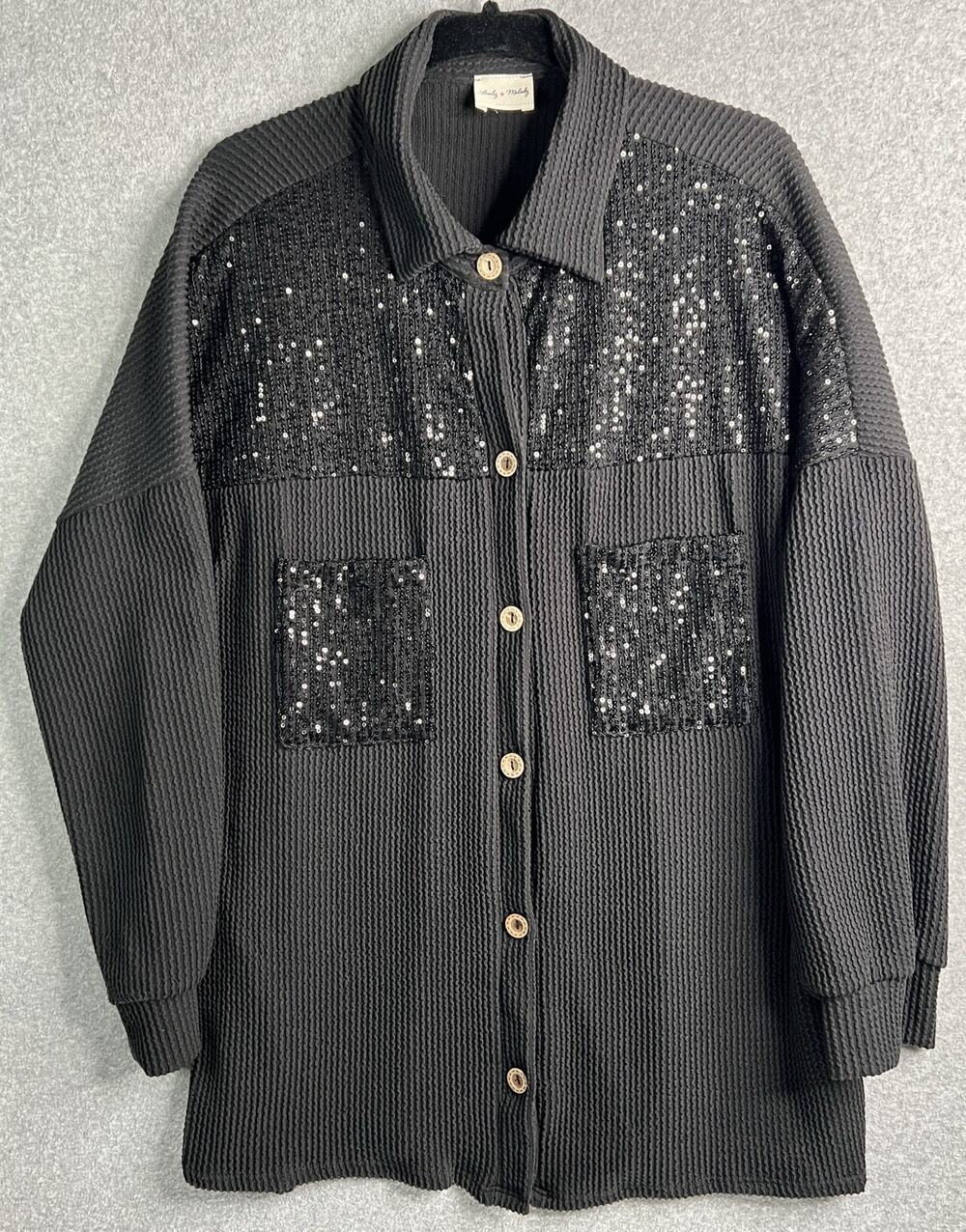 Lovely Melody XL Black Waffle Knit Sequin Button Front V-Neck Sweater USA